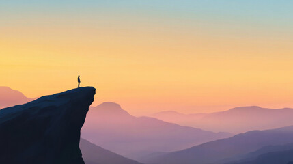 A person standing on mountaintop at dawn, ready to face day, surrounded by breathtaking landscapes and soft pastel colors. serene atmosphere evokes sense of adventure and tranquility