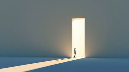 A person stepping through doorway into bright light symbolizes new beginnings and opportunities. contrast between light and shadow evokes sense of hope and exploration