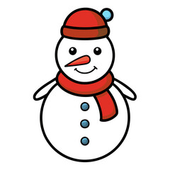 A cheerful cartoon snowman wearing a red hat and scarf, with a carrot nose and blue buttons, smiling warmly against a white background
