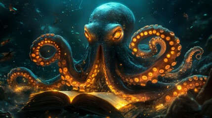 Glowing Octopus Wizard Casting Underwater Spells with Enchanted Tentacles in a Deep Ocean