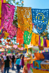 Colorful national hispanic heritage month market street with traditional decorations and people