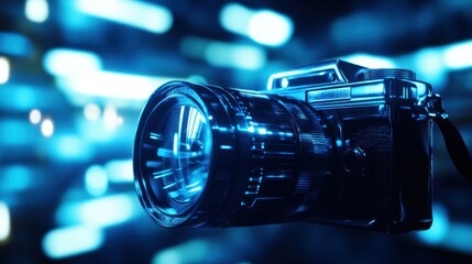 A vintage camera with a lens, set against a blurred blue background, emphasizing photography.