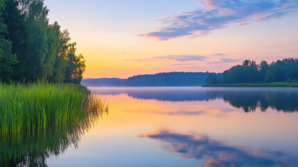 A serene sunrise reflected in calm lake, symbolizing beauty of nature. tranquil waters mirror colorful sky, surrounded by lush greenery and trees