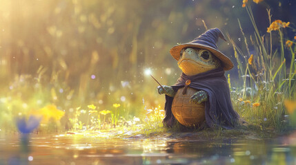 A whimsical turtle dressed as wizard, complete with tiny wand, sits by serene pond surrounded by vibrant flowers. enchanting scene captures magical moment in nature