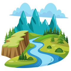 Obraz premium Colorful illustration of a serene landscape featuring mountains, a winding river, and lush greenery with scattered trees and bushes