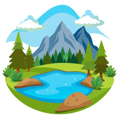 A serene landscape featuring a calm blue pond, lush green trees, and majestic mountains under a clear blue sky with clouds