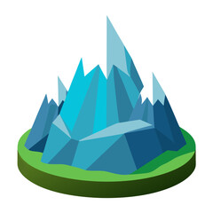 A stylized, geometric blue mountain range with sharp peaks, set on a circular green base.