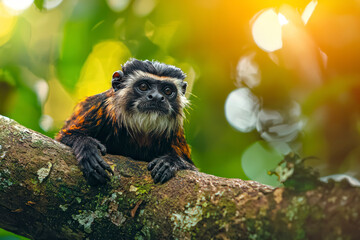 Sitting on a jungle tree branch in the Amazon rain forest in South America, a funny and curious bearded emperor tamarin.
