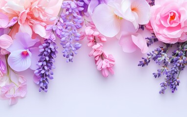 Fototapeta premium A dreamy, romantic floral collage featuring soft pinks, purples, and delicate blooms like lavender and wisteria