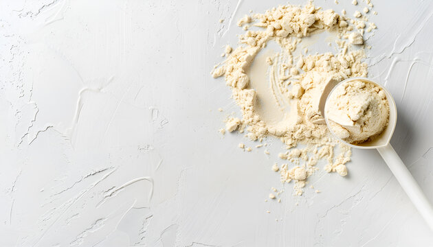 Protein powder and scoop on white background