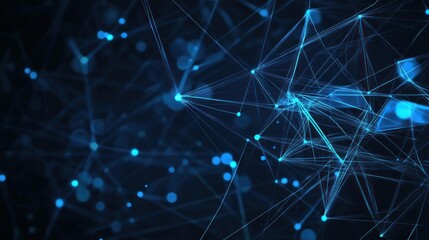 Abstract digital network with glowing nodes and interconnected lines on a dark background.