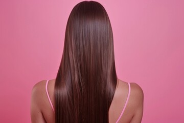 Naklejka premium Long, shiny brown hair against a pink background. This image captures healthy hair in a stylish and trendy way. Perfect for beauty and hair care purposes. Generative AI
