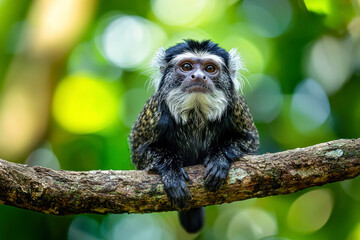 Sitting on a jungle tree branch in the Amazon rain forest in South America, a funny and curious bearded emperor tamarin.