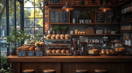 Cozy caf? interior with pastries and coffee setup.