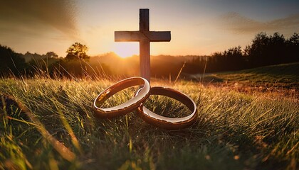 Gold Wedding Rigs with Wooden Cross on a hill of mountain. 