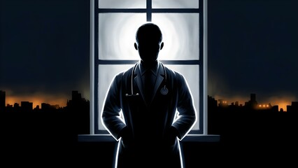 silhouette of a doctor in the evening at window