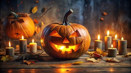Fototapeta premium A weathered pumpkin, its carved face a twisted grin, glows with an eerie light, set amidst a snarling