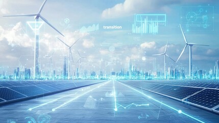 A futuristic landscape with wind turbines and solar panels, symbolizing green energy technology, overlaid by digital symbols representing "transition"