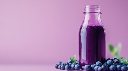 A bottle of purple smoothie surrounded by fresh blueberries on a soft pink background.