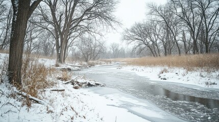 Obraz premium A serene winter landscape featuring a frozen river and snow-covered trees.