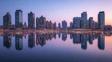 Naklejka premium A serene skyline at dusk reflected in water, showcasing modern architecture and urban beauty.