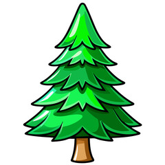 Fototapeta premium A vibrant green, cartoon-style pine tree with layered branches and a brown trunk, set against a white background.