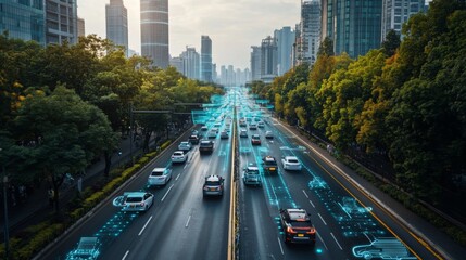 Fototapeta premium Smart City with AI Traffic Control System: A cityscape with AI-controlled traffic systems managing the flow of autonomous vehicles.