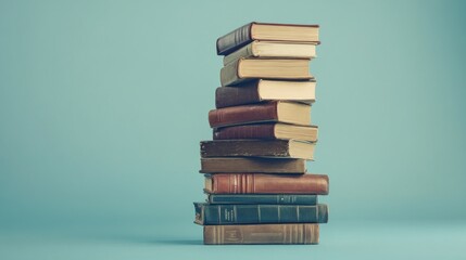 A stack of vintage books arranged neatly against a light blue background.
