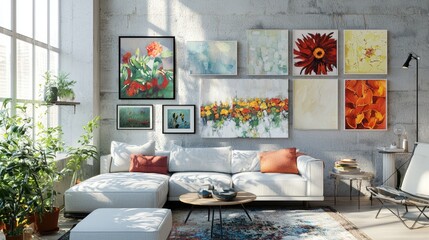 A gallery wall with an array of canvas prints in different sizes and frames, creating a dynamic display.