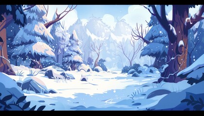 Winter wonderland. Frozen landscape. Serene forest covered in snow. Peaceful winter landscape with snow covered ground. Cartoon 2d games illustration background.