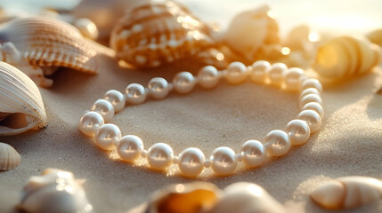 A beautiful pearl bracelet resting on sandy beach surrounded by seashells, capturing the essence of coastal elegance.