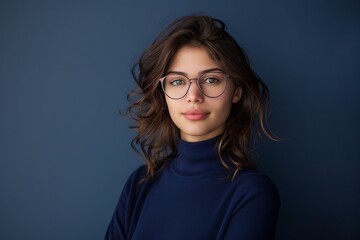 Woman Model Stylish Glasses Professional, Plain Navy Background, Portrait Shot, Full Body Shot, Smart Business Look