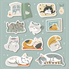 A sticker sheet featuring cats in cozy, relaxed poses,