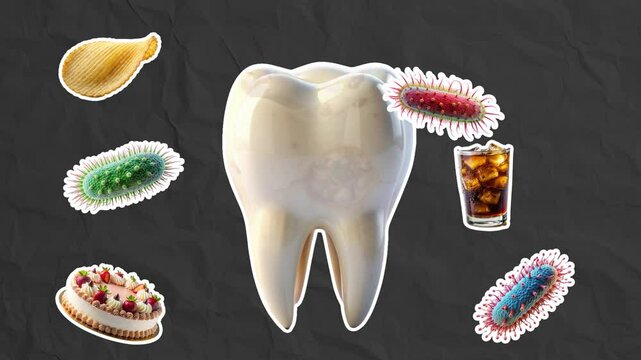 A healthy white human tooth appears, it is attacked by microbes and harmful food, the tooth becomes covered with caries with holes. Dental care concept. Stop motion animation on black paper background