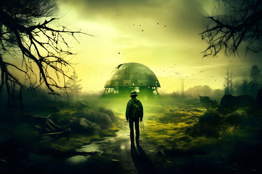 Postapokalyptische Landschaft mit mysteri&ouml;ser Kuppel und einsamem Reisenden - Ai-Ki generiert