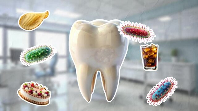 A healthy white human tooth appears, it is attacked by microbes and harmful food, the tooth becomes covered with caries with holes. Dental care concept. Smooth animation on color paper background