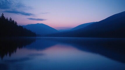 Serene twilight over a calm lake surrounded by misty mountains.