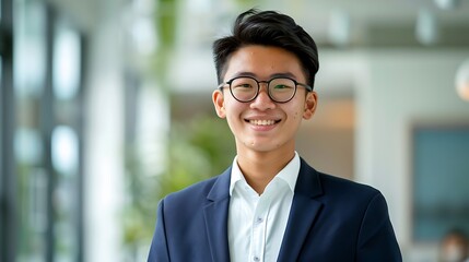Obraz premium Young Asian Entrepreneur Smiling Confidently, Standing in Office, Business Theme, Professional, Portrait Shot, Plain Office Background