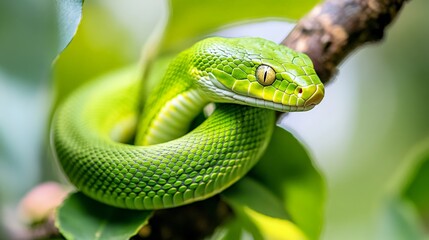 Fototapeta premium A green snake coiled on a branch, its scales blending seamlessly with the surrounding leaves and plants.