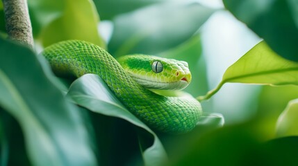 Obraz premium A green snake coiled on a branch, its scales blending seamlessly with the surrounding leaves and plants.