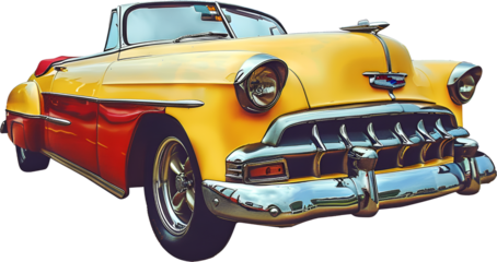 Vintage yellow and red car with chrome trim