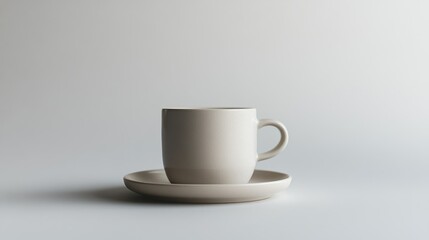 A minimalist ceramic cup on a matching saucer against a soft, neutral background.