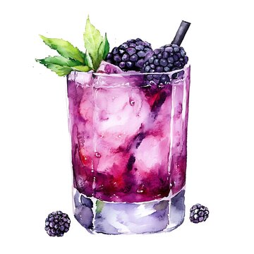 recommend clip art: Watercolor Illustration of a Blackberry Cocktail with Mint and Ice.