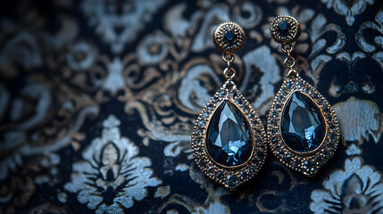 Obraz premium Elegant blue earrings showcased against a vintage patterned background, emphasizing luxury and timeless style.