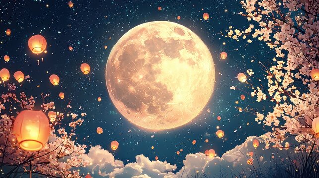 A huge moon as the background, osmanthus in full bloom, floating lanterns and fireworks and luminous particles, auspicious clouds at the bottom - Powered by Adobe