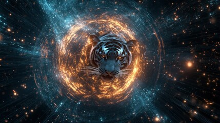 A cosmic tiger emerges from a swirling vortex of light and stars.
