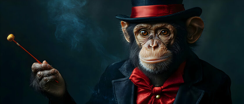 A whimsical monkey dressed in a tuxedo and top hat, exuding charm and elegance with a magician's wand in hand.