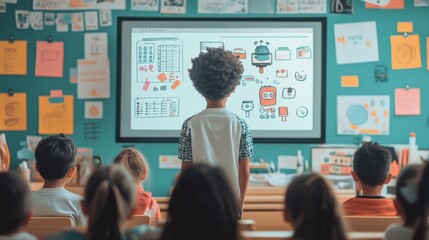 Smart education systems using AI to adapt lessons to each students learning style: A classroom where AI personalizes lessons for every student.