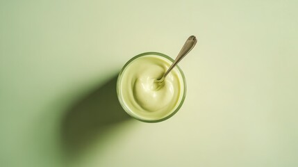 A green bowl filled with creamy substance and a spoon, set against a light green background.