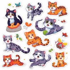 A sticker sheet with cats in various playful poses